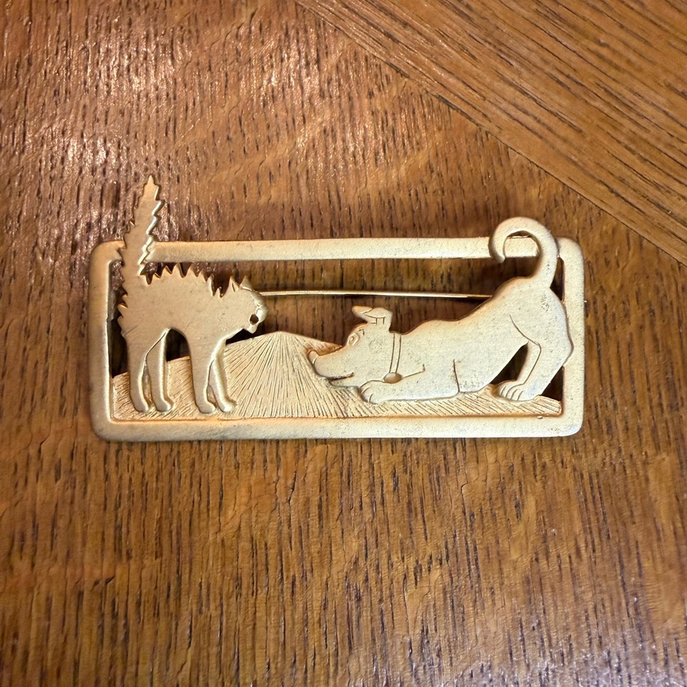 Vintage Jonette Dog and Cat Brass Pin - Playful Animal Brooch